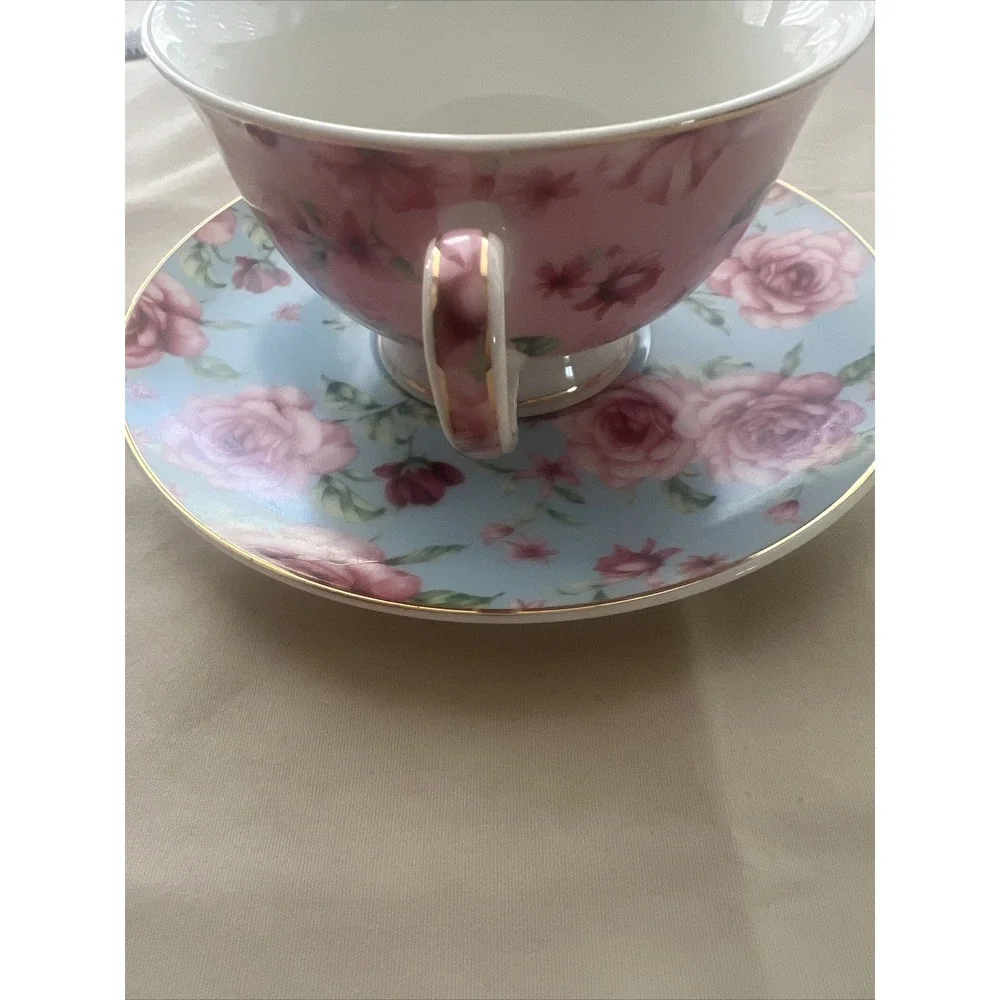 Brew To A Tea BTAT Mug Cup and Saucer Floral Garden Mint  Pink Porcelain Fine Ch